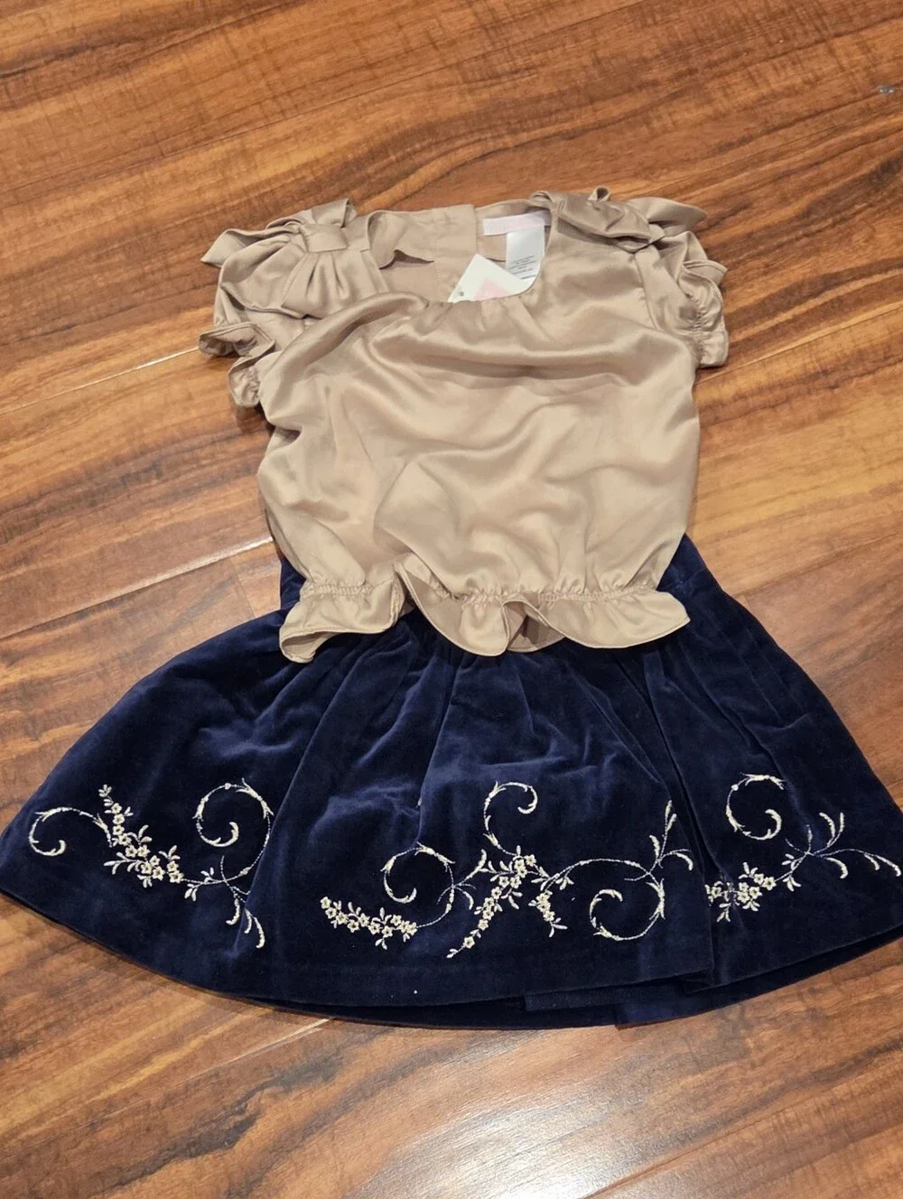 Janie & Jack NWT 18-24 Month Gold Top, Velvet Skirt, Embroidered Cardigan, Socks